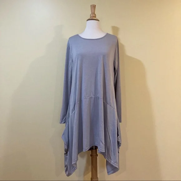 Trapeze Swing Long Sleeve Tunic Dress With Pockets Silver Grey - Picture 4 of 6